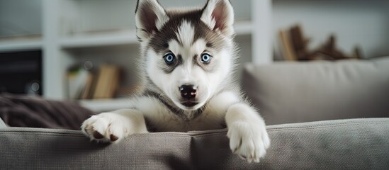 Siberian Husky Enjoying Playtime on Gray Sofa with Bright Blue Eyes