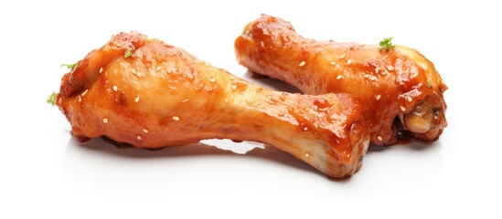 Two Delicious Chicken Pieces with Flavorful Sauce on a Clean White Background