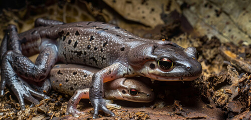 Naklejka premium A mother salamander protecting its child on moss, with shiny, spotted skin.