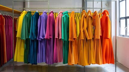 Colorful clothes on racks in a fashion boutique
