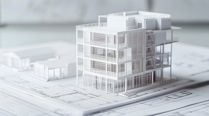 Construction concept. Residential building drawings and architectural model
