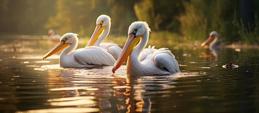 Three Elegant White Pekin Ducks Gracefully Swimming in a Serene Lake