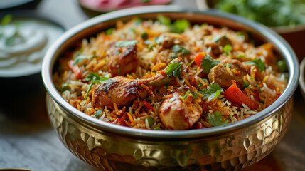 Authentic Chicken Biryani, infused with a medley of spices and herbs, presented in an ornate brass pot. Ideal for culinary storytelling, ethnic food blogs
