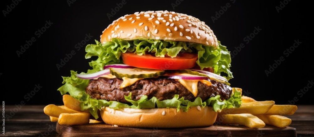 Poster Delicious Homemade Hamburger with Fresh Lettuce and Crispy Fries on Rustic Wooden Table