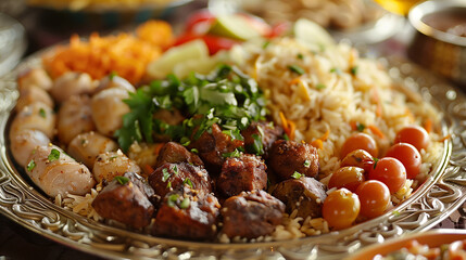 Sehri Plate with fill of rice meat and fish round kabab. Ramadan kareem dish close up