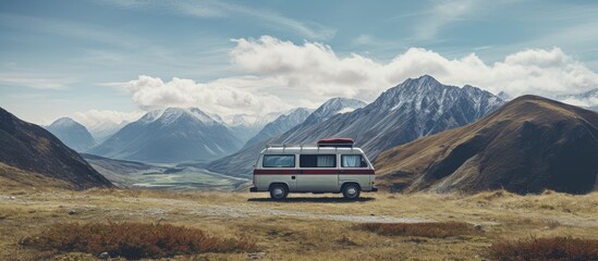 Vintage Van Parked in Serene Grassy Field with Majestic Mountain Range Background - Powered by Adobe