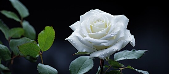 Elegant White Rose Blossoming with Delicate Water Droplets Adorning Its Petals
