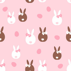 Seamless pattern with bunny rabbit cartoons, bow tie and Easter eggs on pink background vector illustration. 