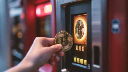 Hand holding golden bitcoin coin on vending machine background. Cryptocurrency concept.