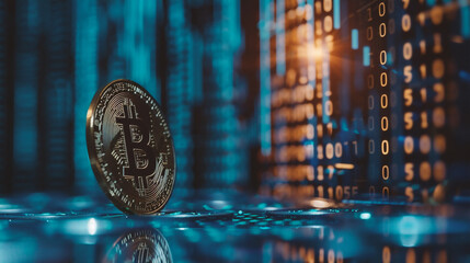 Golden bitcoin on the background of binary code. Cryptocurrency concept.