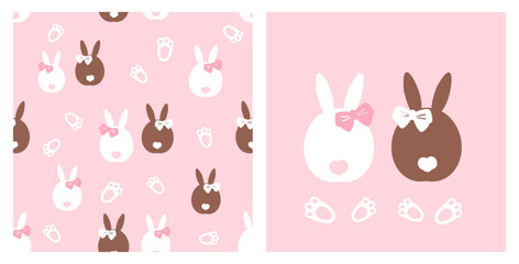 Seamless pattern with bunny rabbit cartoons and foot print on pink background. White and brown rabbit cartoons and foot print icon set.