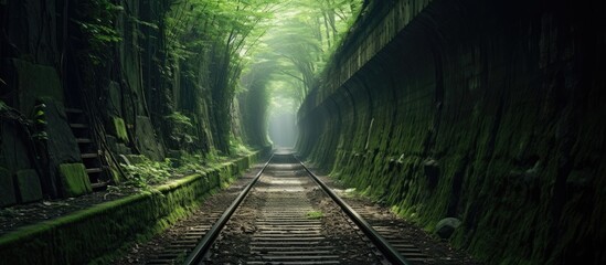 Mystical Passage: Railroad Track Vanishing Into Secretive Ancient Tunnel - obrazy, fototapety, plakaty