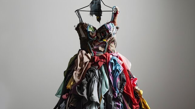 Dress made from clothes. Fast fashion pollution.
