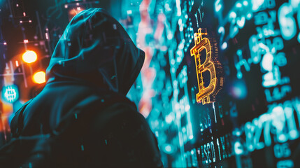 A hacker in a mask and hoodie is standing in front of a wall with a glowing bitcoin sign. The concept of cybercrime, hacking and online piracy.