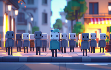 Illustration of uniform robotic figures waiting in line in a charming urban setting