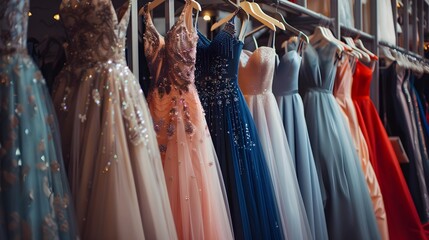 Elegant formal dresses for sale in luxury modern shop boutique. Prom gown, wedding, evening, bridesmaid dresses dress details. Dress rental for various occasions and events