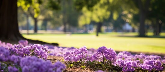 Delicate Purple Flowers Blooming Among Green Grass in a Tranquil Park Setting