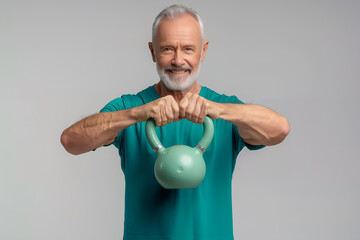 Senior Caucasian man doing exercise with kettlebell