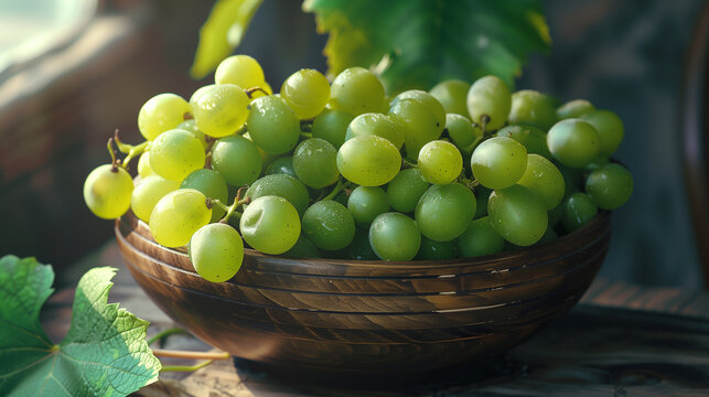 Sweet green grapes fruit in the wooden bowl