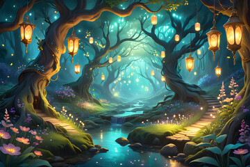Fototapeta na wymiar magical fairy tale dark forest with trees and a river, grass, forest, lights, lanterns, blue water, evening, fabulous beautiful landscape, flowers, fog, mysterious peaceful atmosphere