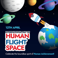 International Day of Human Space Flight.12th April Space Day social media banner with icons of planets, moon and spaceship, stars. National space week banner. Celebrating the great human achievement - obrazy, fototapety, plakaty