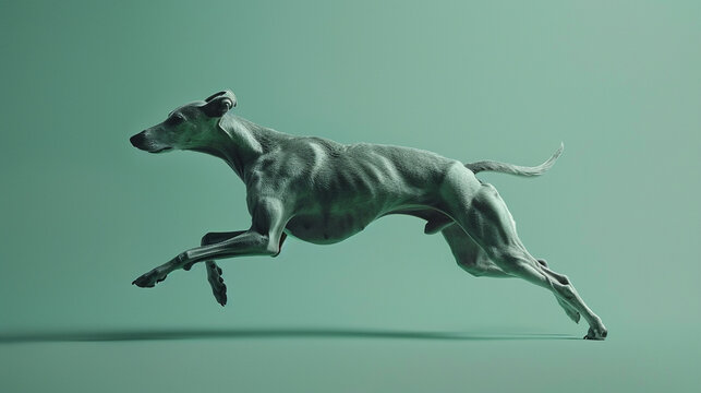 A graceful Greyhound in mid-stride, photographed in high resolution against a calming mint green backdrop.