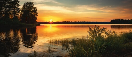Tranquil Serenity: Mesmerizing Sunset Reflections in a Calm Lake Setting