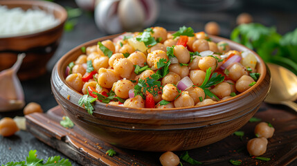 White chickpeas chat in the wooden bowl for muslim fasting