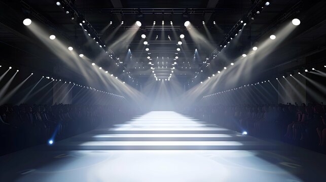 Empty floodlit catwalk for a fashion show with an audience. Trendy style event background