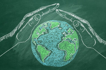 The World Globe under man's hands. Save the World. Chalk drawn illustration. Earth day concept.