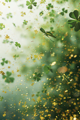 Obraz na płótnie Canvas St. Patrick's Day Shamrock leaf falling with gold glitters . 3D render frame space for text
