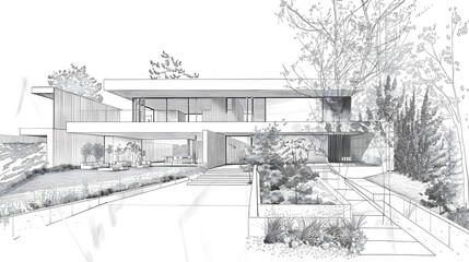 Pencil drawing. black white. House sketch by architect