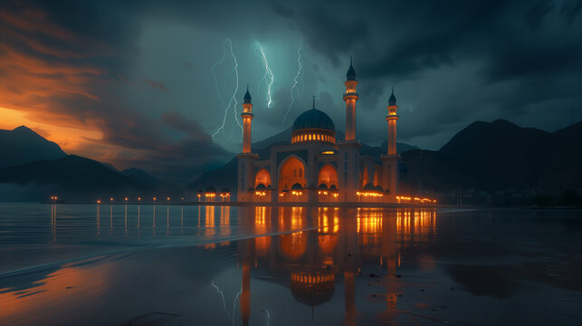 Mosque on a beach with lightning in the sky, A peaceful view of the evening