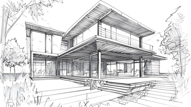 Pencil drawing. black white. House sketch by architect