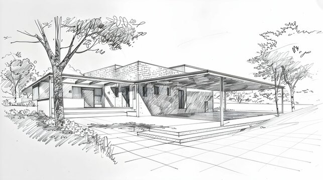 Pencil drawing. black white. House sketch by architect