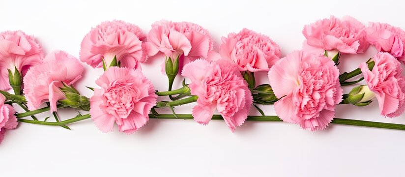 Vibrant Pink Carnation Flowers Blossoming on a Pure White Background