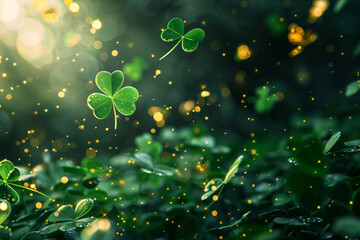 St. Patrick's Day Shamrock leaf falling with gold glitters . 3D render frame space for text