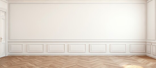 Fototapeta na wymiar Minimalistic Renovated Room with Elegant Parquet Flooring and Bright White Walls