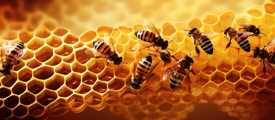 Vibrant Bees Gather on Intricate Honeycomb Cells in Nature's Sweet Creation