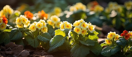 Vibrant Primula Veris Primroses Brighten Up the Flowerbed - obrazy, fototapety, plakaty