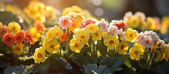 Vibrant Primula Veris Primroses Blossoming in a Colorful Garden - obrazy, fototapety, plakaty