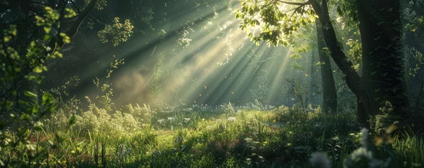 Zelfklevend Fotobehang Sunlight in the green forest, spring time © ebhanu