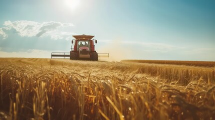 Fototapeta premium Golden Harvest: A Combine Harvester Collecting Wheat in the Warm Glow of Sunset