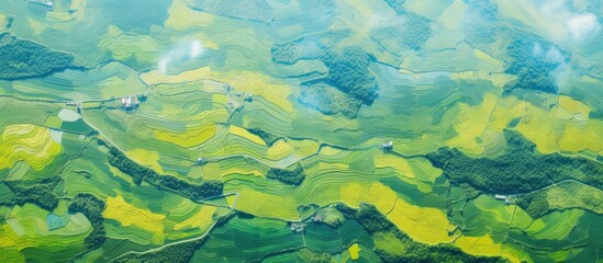 Fototapeta na wymiar Vivid Green and Yellow Landscape Under a Clear Blue Sky - A Picturesque Aerial View of Harvested Rice Fields