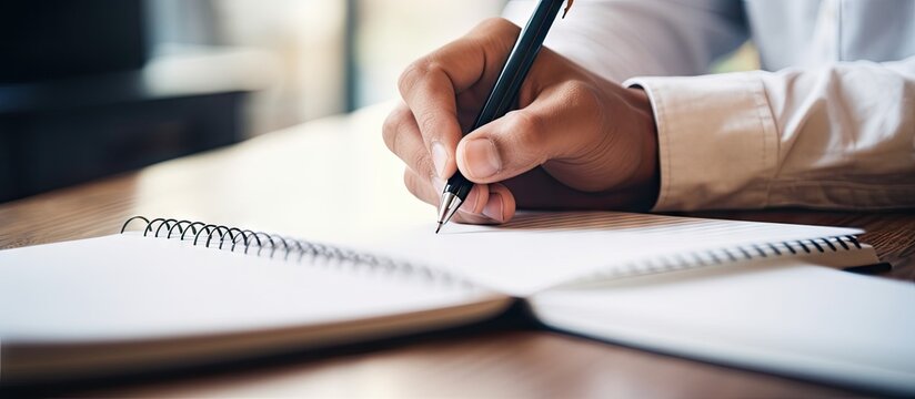 Focused Writer Jots Down Important Notes in an Open Notebook With a Pen