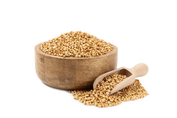 Green buckwheat in a bowl isolated on a white background. Superfood. Raw buckwheat porridge. Healthy vegan food, eco products, diet, organic.