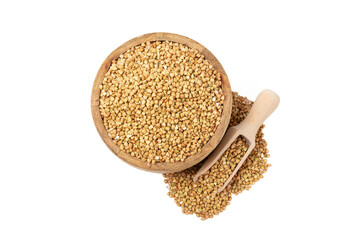 Green buckwheat in a bowl isolated on a white background. Superfood. Raw buckwheat porridge. Healthy vegan food, eco products, diet, organic.