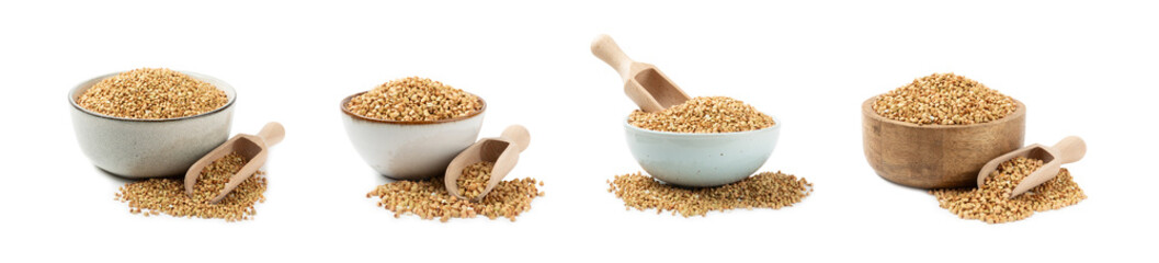 Green buckwheat in a bowl isolated on a white background. Superfood. Raw buckwheat porridge. Healthy vegan food, eco products, diet, organic.