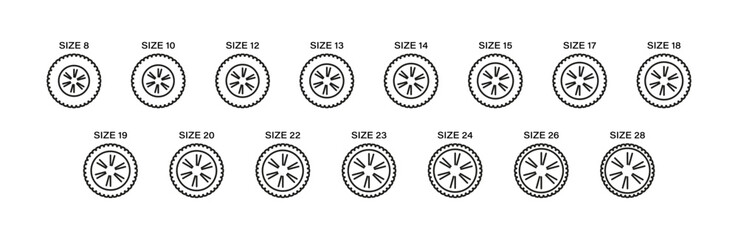 Car wheel size icons. Automobile tires sizes vector icon set.