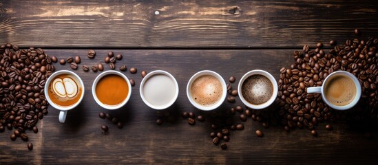 Various Coffee Cups and Beans Arranged on a Rustic Wooden Table, Top View